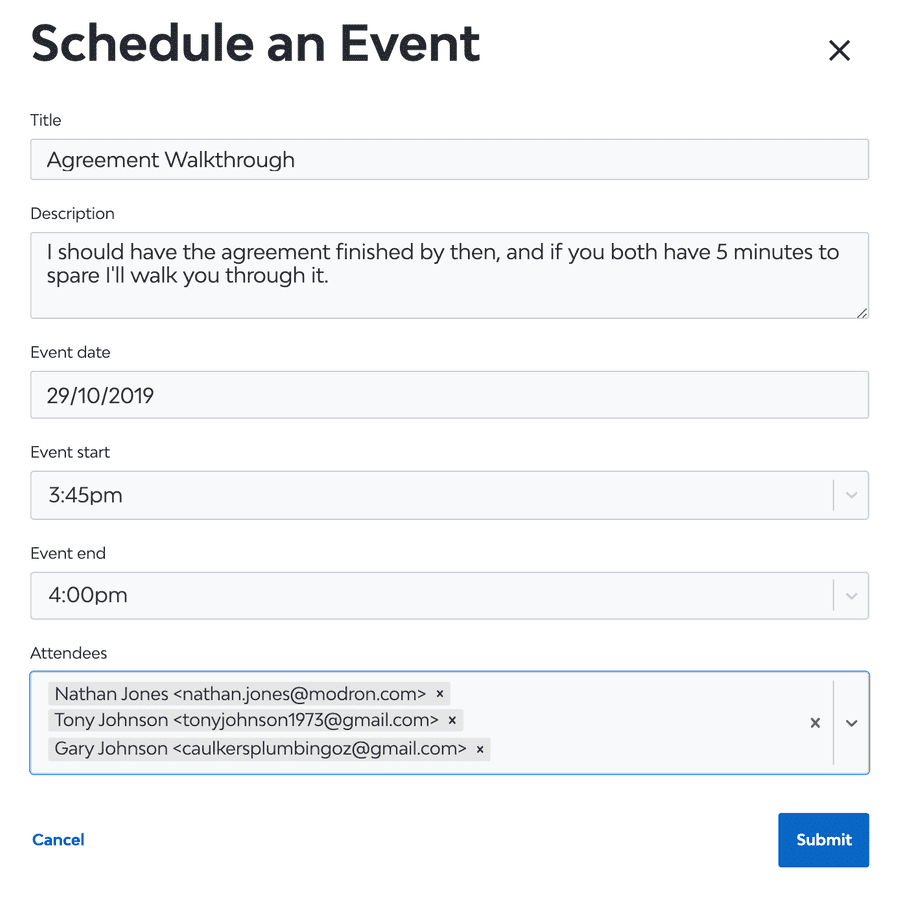 Screenshot of an event being scheduled
